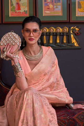 Peach Pure Katan Handloom Weaving Silk Saree_Kumari Sarees