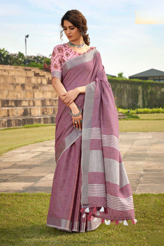 Peach Soft Linen Silk Saree_Kumari Sarees