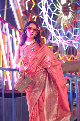 Peach Handloom Weaving Silk Saree_Kumari Sarees