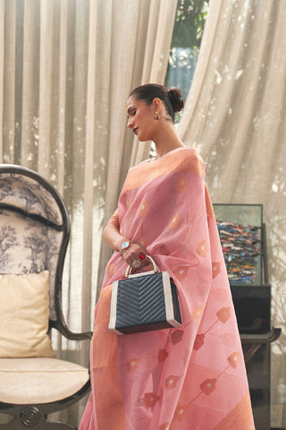 Peach Pure Linen Silk Saree_Kumari Sarees