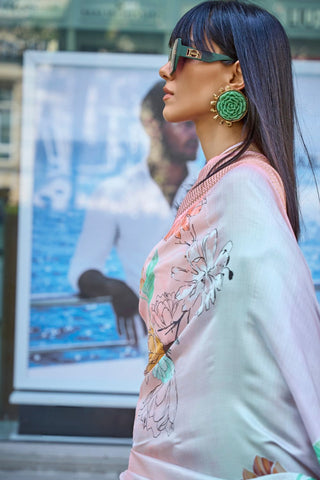 Peach Print Satin Organza Weaving Saree_Kumari Sarees