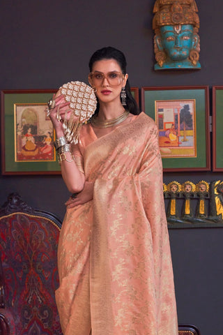 Peach Pure Katan Handloom Weaving Silk Saree_Kumari Sarees