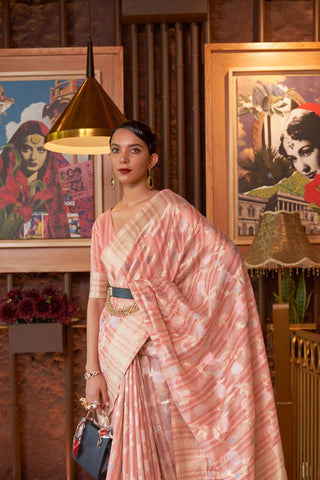 Peach Multi - Linen Handloom Weaving Saree_Kumari Sarees