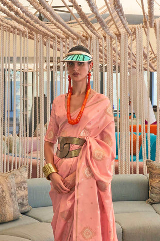 Peach Pure Satin Copper Zari  Weaving Saree_Kumari Sarees