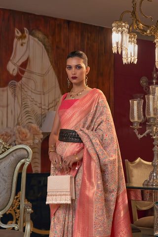 Peach Modal Handloom Kashmiri Weaving Silk Saree_Kumari Sarees