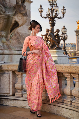 Peach Organza Parsi Handloom Weaving Saree_Kumari Sarees