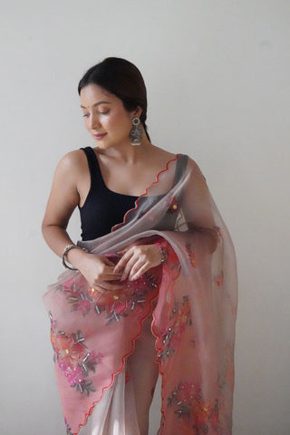Peach Organza Handwork Digital Print Saree_Kumari Sarees