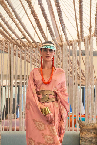 Peach Pure Satin Copper Zari  Weaving Saree_Kumari Sarees