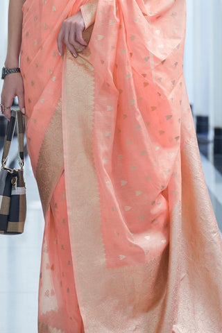 Peach Modal Mukaish Handloom Saree_Kumari Sarees