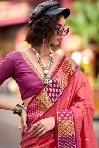 PEACH PURE BANARASI SILK SAREE
