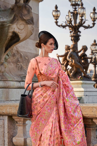 Peach Organza Parsi Handloom Weaving Saree_Kumari Sarees