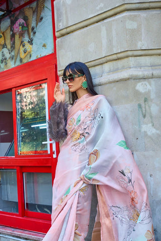 Peach Print Satin Organza Weaving Saree_Kumari Sarees