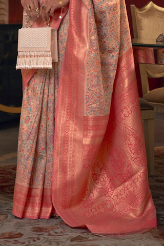 Peach Modal Handloom Kashmiri Weaving Silk Saree_Kumari Sarees