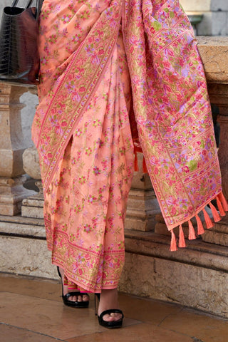 Peach Organza Parsi Handloom Weaving Saree_Kumari Sarees