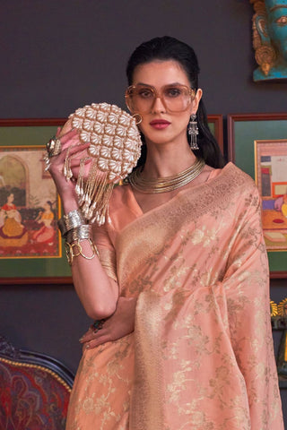 Peach Pure Katan Handloom Weaving Silk Saree_Kumari Sarees