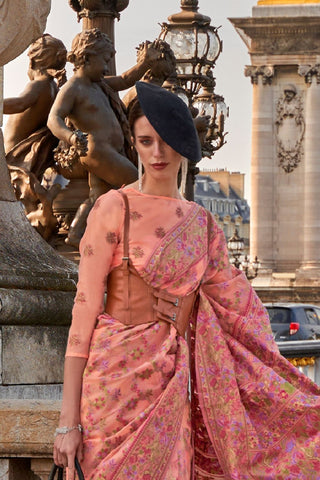 Peach Organza Parsi Handloom Weaving Saree_Kumari Sarees
