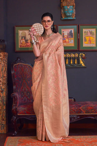 Peach Pure Katan Handloom Weaving Silk Saree_Kumari Sarees