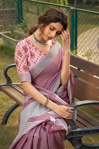 Peach Soft Linen Silk Saree_Kumari Sarees