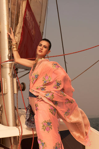 Peach Chinon Nylon Handloom Weaving Saree_Kumari Sarees