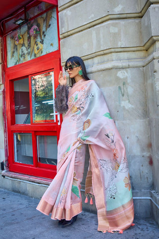 Peach Print Satin Organza Weaving Saree_Kumari Sarees