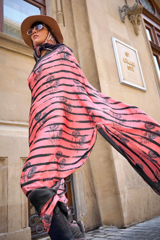 Peach & Black Print Satin Crepe Saree_Kumari Sarees