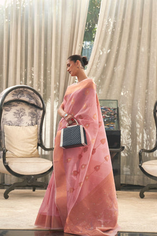 Peach Pure Linen Silk Saree_Kumari Sarees