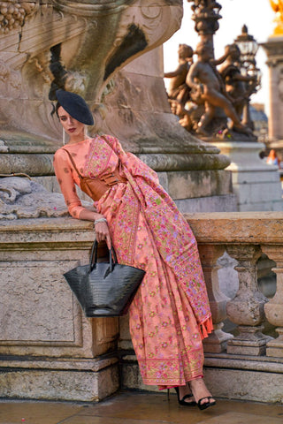 Peach Organza Parsi Handloom Weaving Saree_Kumari Sarees