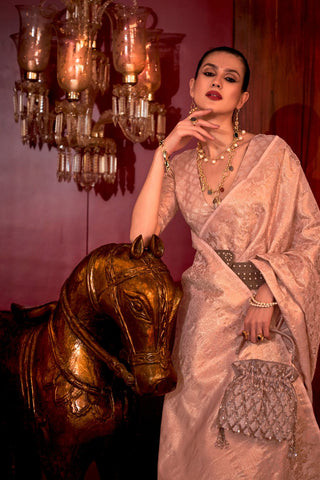 Peach Zari Basi Handloom Weaving Silk Saree_Kumari Sarees