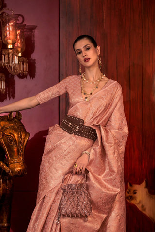Peach Zari Basi Handloom Weaving Silk Saree_Kumari Sarees