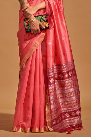 Peach Handloom Weaving Saree_Kumari Sarees
