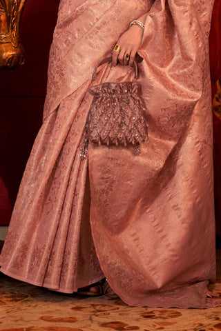 Peach Zari Basi Handloom Weaving Silk Saree_Kumari Sarees