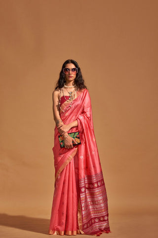 Peach Handloom Weaving Saree_Kumari Sarees