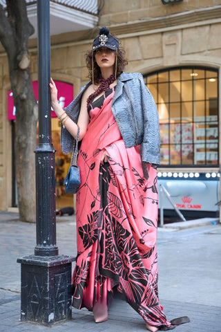 Pink & Black Japan Satin Print Saree_Kumari Sarees