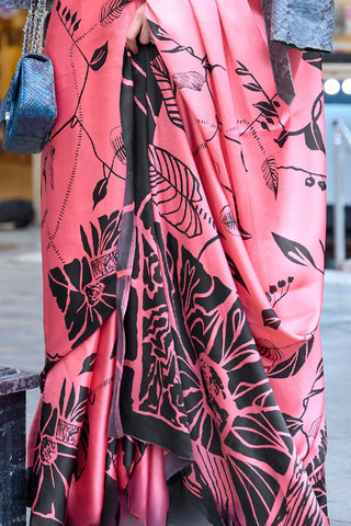 Pink & Black Japan Satin Print Saree_Kumari Sarees