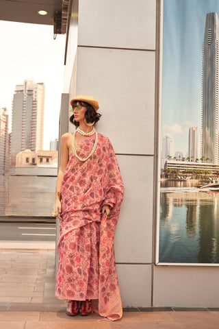 Pink Printed Zari Tissue Saree_Kumari Sarees