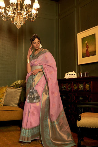 Pink Linen Copper Zari Weaving Saree_Kumari Sarees