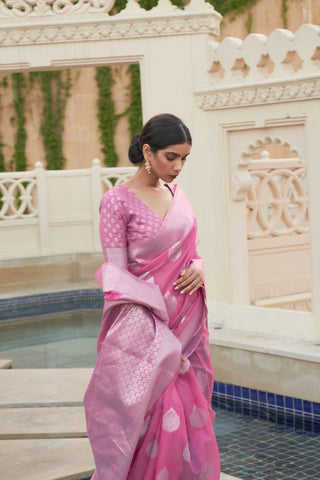 Pink Pure Linen Weaving Saree_Kumari Sarees