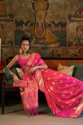 Pink Pure Satin Tanchoi Handloom Weaving Saree_Kumari Sarees