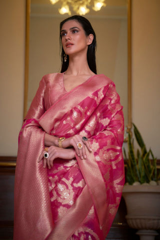 Pink Two - Tone Handloom  Organza Weaving Saree_Kumari Sarees