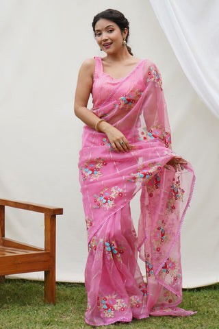 Pink Organza Silk Saree_Kumari Sarees
