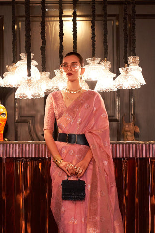 Pink Pure Linen Copper Zari Weaving Saree_Kumari Sarees