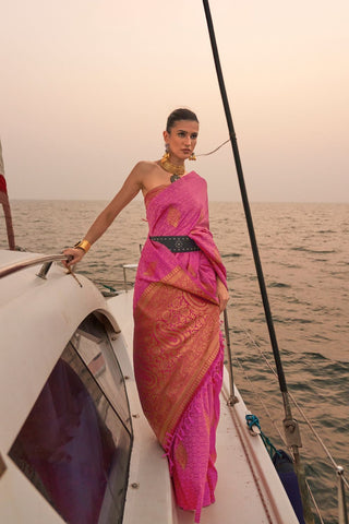 Pink Satin Pastel Two Tone Handloom Weaving Saree_Kumari Sarees
