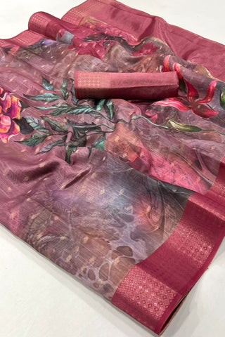 Pink Printed Handloom Linen Saree_Kumari Sarees