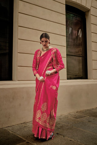 Pink Pure Satin Zari Lining Handloom Weaving Saree_Kumari Sarees