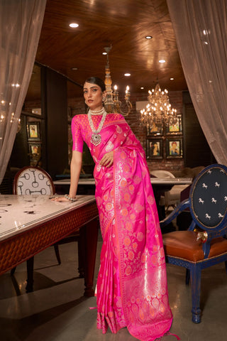 Pink Pure Satin Handloom Weaving Saree_Kumari Sarees