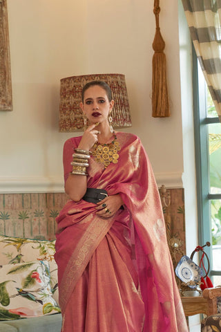 Pink Satin Tissue Nylon Handloom Weaving Saree_Kumari Sarees