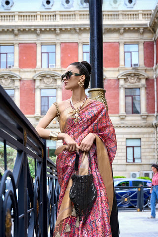 Pink Print Satin Organza Weaving Saree_Kumari Sarees