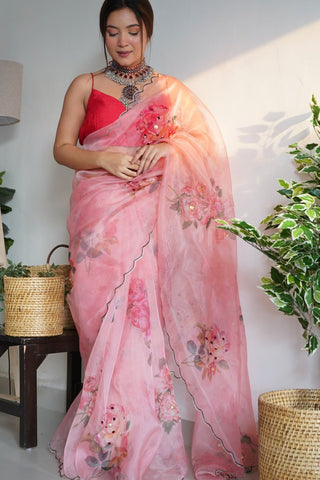 PINK ORGANZA HANDWORK DIGITAL PRINT SAREE