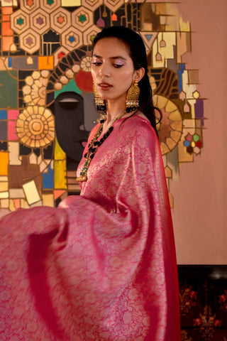 Pink Nylon Two Tone Zari Handloom Weaving Silk Saree_Kumari Sarees