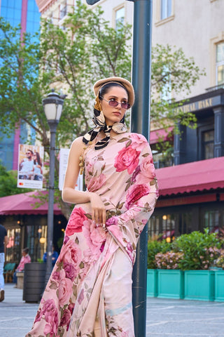 Pink Pure Silk Crepe Digital Print Saree_Kumari Sarees